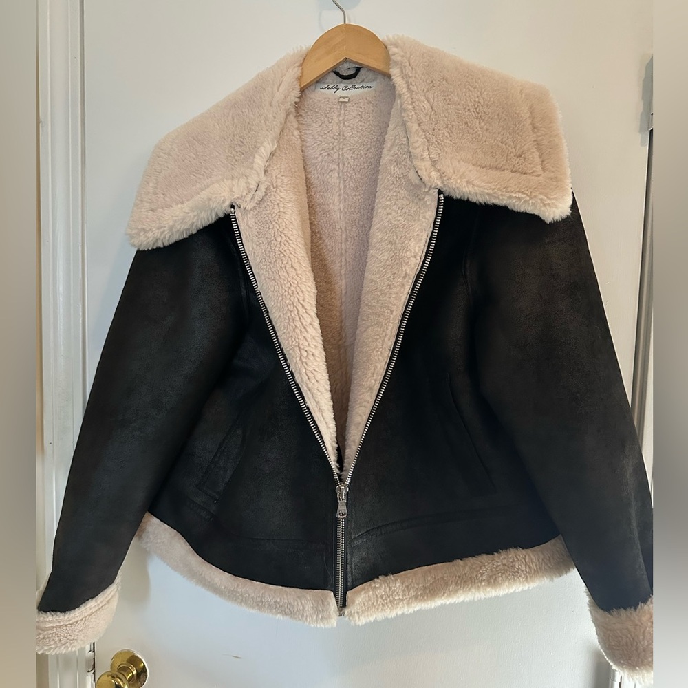 Classic Faux Shearling-Lined Aviator Jacket in Dark Brown and Cream NWT